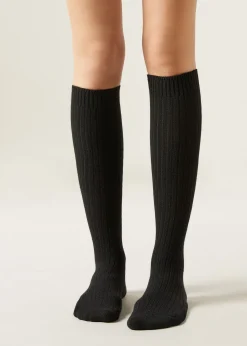 Chaussettes hautes côtelées en laine avec cachemire
